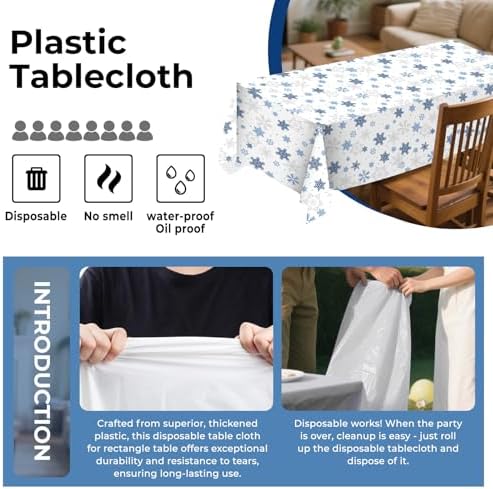 8 Pack Christmas Blue Snowflake Plastic Tablecloth 54" x 108" Disposable Christmas Table Cloths for 6 to 8 Foot Tables Rectangle Table Cover for Parties (Blue Snowflake, Rectangle)