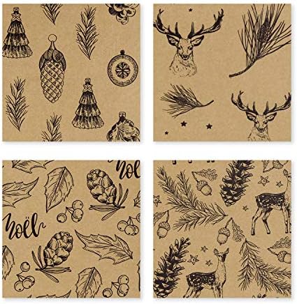 RUSPEPA Christmas Wrapping paper - Brown Kraft Paper with Black Christmas Elements Print Paper - 4 Roll-30Inch X 10Feet Per Roll