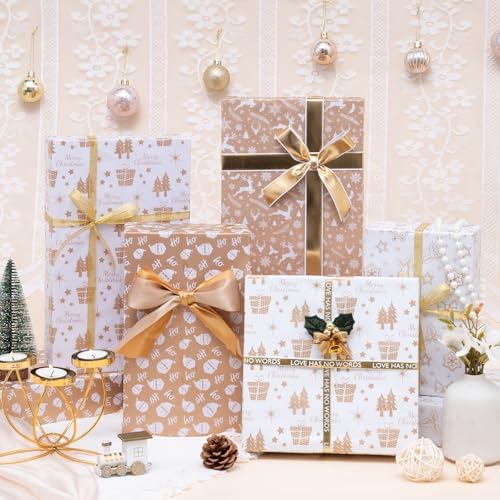 Larcenciel Christmas Tissue Paper for Gift Bags, Rose Gold Holiday Gift Wrapping Tissue, Metallic Snowflake Deer Santa Tree Design Perfect for Xmas Packaging Supplies Stuffing Craft. 60 Sheets 20x14in