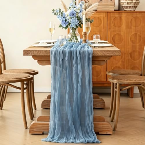3Pcs Blue Table Runner, 10FT Boho Dust Blue Cheesecloth Table Runners 35*120inch for Wedding Bridal Shower Baby Shower Table Centerpiece Decorations