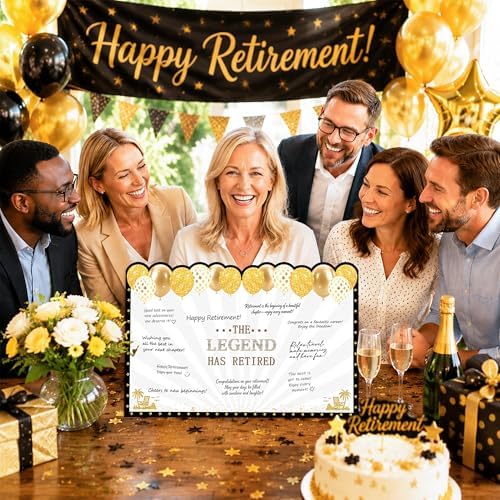 WNINK Black Gold Retirement Card for Men Women, Jumbo Happy Retirement Guest Book Card with Envelope, Large Farewell Signing Card, The Legend Has Retired Party Decorations Gift