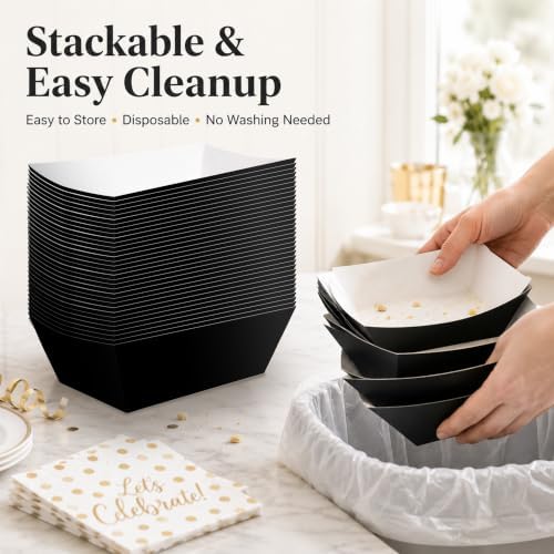 100 Pcs Black Paper Food Trays, Pre-Folded Disposable Food Boats for Popcorn, Candy, Fries, Nachos, Snacks, Black Party Serving Trays for Birthday, Movie Night, Halloween, BBQ Supplies
