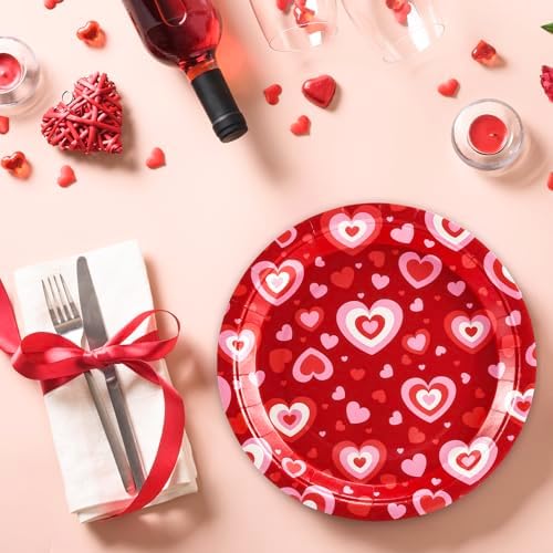 Whaline 40 Pcs Valentine's Day Heart Paper Plates Disposable Plates 9 Inch Red Love Heart Party Tableware for Wedding Anniversary Table Decor Supplies