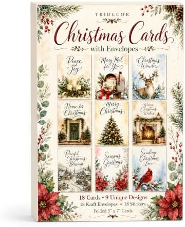 Christmas Cards with Envelopes, 18 Folded 5x7 Watercolor Holiday Cards Bulk