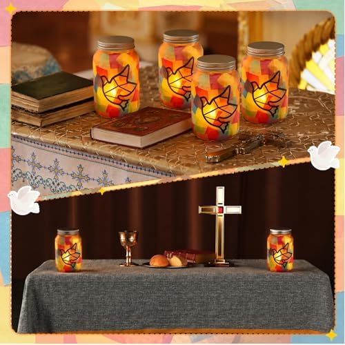Qinyoung 12 Pcs Religion Dove Crafts Mason Jars Tissue Paper Crafts with LED Candle Light DIY Suncatchers Decoration Make Your Own VBS Mason Jars Supplies for Sunday School Projects Activity