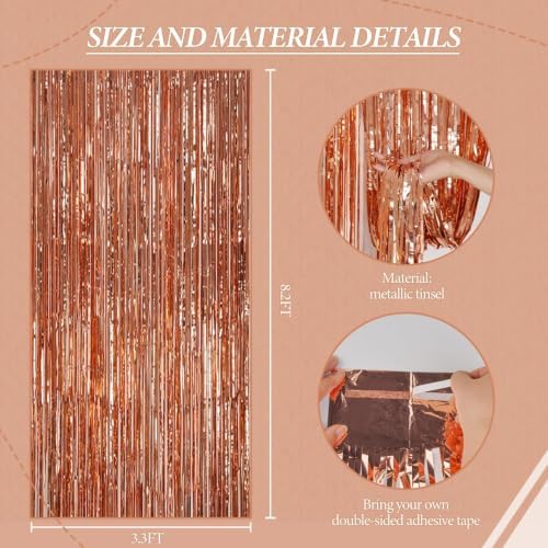 DECOCKRAT 3 Pack Foil Fringe Backdrop - Rose Gold Shiny Tinsel Curtains for Party Decoration/Photo Booth Props - 3.3x8.2 FT Metallic Foil Backdrop for Birthday, Wedding, Graduation, Christmas.
