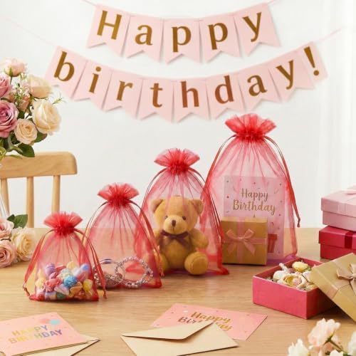 FUNFERY 100PCS Red Organza Gift Bags 6x9in,Drawstring Pouch for Jewelry