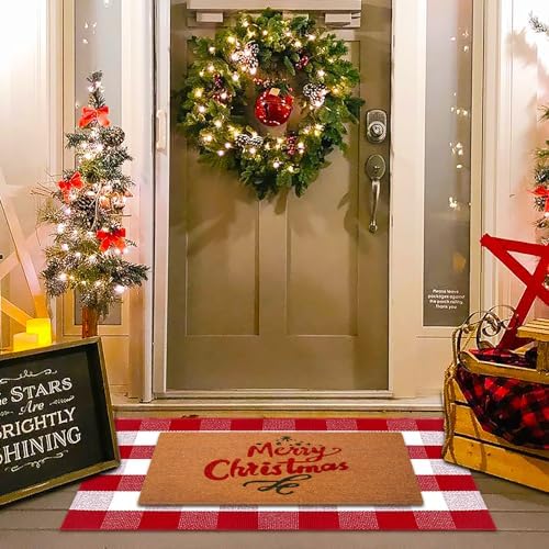 Christmas Red and White Plaid Rug, 28 x 43 Inches Cotton Hand-Woven Layered Door Mat for Front Porch, Entryway, Outdoor Holiday Decor, Washable Buffalo Check Rug for Home, Patio, Kitchen