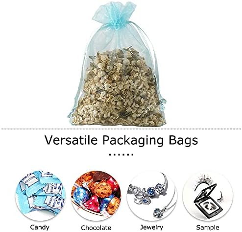 HRX Package 100pcs Organza Favor Bags 4 x 6 inch, Light Blue Mesh Bags Drawstring Sheer Jewelry Pouches for Small Gift Baby Shower Party Candy