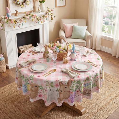 Easter Tablecloth 60 Inch Round, Easter Rabbits Decorations for Home Table Cloth, Pink Buffalo Plaid and Flowers Decor Tablecloths Polyester for Picnic Party Dinner