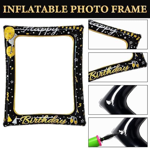 Birthday Inflatable Photo Booth Frame, 30PCS Black Gold Photo Booth Props, Inflatable Selfie Frame Cheer to 18 20 30 40 50 60 70 Years Old Decor Supplies for Men Women Boys Girls