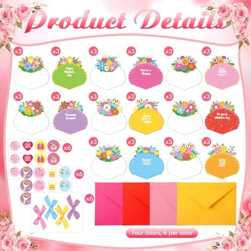 Funrous 24 Pack Mother's Day Flower Cards with Envelopes Stickers