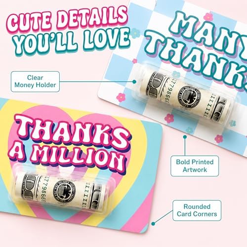 6 Pcs Thank You Money Holder Cards, Unique Money Holder for Cash Gift, Cute Cash Gift Holders for Birthday Christmas Appreciation Party Gifts, Thank You Gift Cards for Teacher Coworker Friend Employee