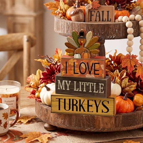 Lineshading 4 Pcs Fall Table Decor for Home, Wood Thanksgiving Turkeys Sign