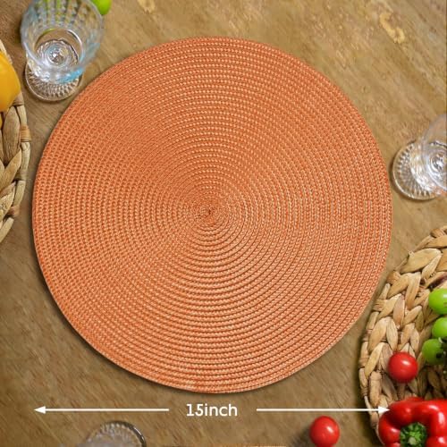 FunWheat Round Braided Placemats Set of 12 Place Mats for Dining Table Woven Washable Non-Slip Table Mats 15 Inch(Pumpkin Orange,12pcs)