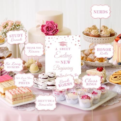 Graduation Candy Buffet Labels for Grad Party Decorations, Graduation Candy Bar Dessert Food Label Signs Set, Class of 2026 Grad Parties Table Decor Supplies (Pink)