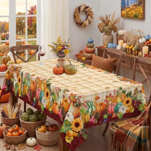 Fall Plaid Tablecloth Rectangle 60 x 84 Inch, Stain Resistant Washable Fabric Autumn Harvest Pumpkin Tablecloths Rectangular Fall Table Cloth Rectangle Table Cover for Kitchen Dining Party