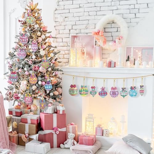 Tondiamo 20 Pcs Christmas Diamond Painting Keychain Kits 5D DIY Diamond Art Pendants Double Sided Hanging Key Chains for Christmas Party Decoration DIY(Macaron)