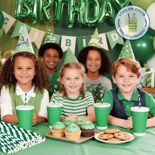 7.75" Green Straws, Green and White Striped Drinking Straws Disposable 100