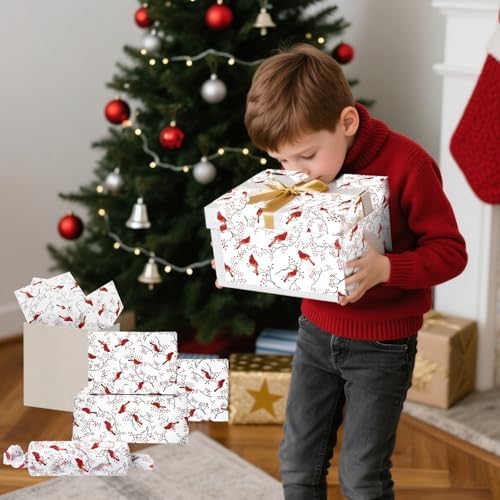 JarThenaAMCS 60 Sheets Christmas Tissue Paper Red Cardinal Bird Berry Gift Wrapping Paper Xmas DIY Art Crafts Tissue for Winter Holiday Birthday, 14 x 20 Inch