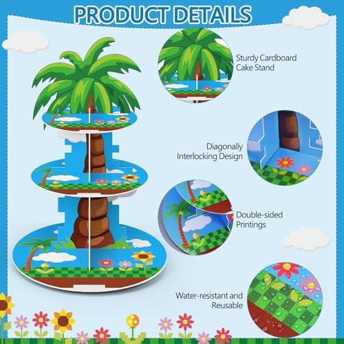 Blue Cupcake Stand Cartoon Themed Birthday Party Decorations 3 Tier Palm Tree Dessert Cake Toppers Stand Decorations Cupcake Holder Tower for Video Games Party Supplies Pixel Baby Shower