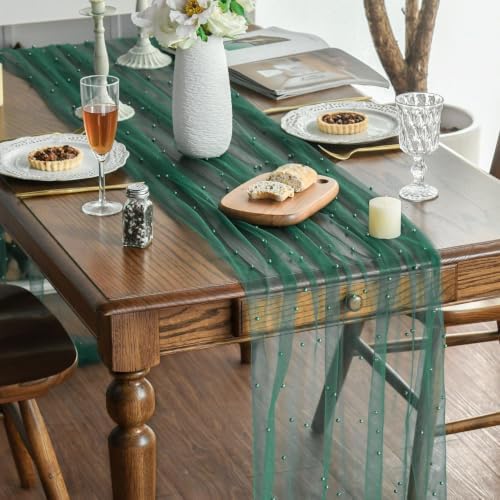 Artoid Mode 3-Pack Pearl Dark Green Gauze Table Runner 10FT Home Decor