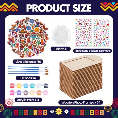 Fovths 24 Packs Dia De Los Muertos Picture Frame Painting Craft Kit with Stickers Wooden Day of the Dead Altar Decorations Remembrance Supplies Sugar Skull Marigold Ofrenda Decorations