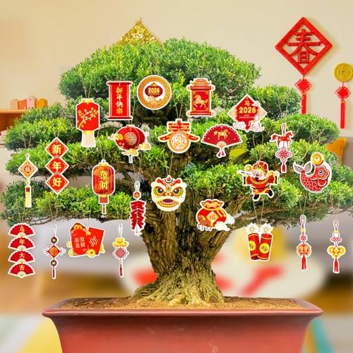 HOWAF 48pcs Chinese New Year Decorations Chinese New Year Hanging Ornament Set, Good Luck Red Lanterns Red Envelope Paper Fans for 2026 Year of The Horse Tree Ornaments, Spring Festival Ornaments