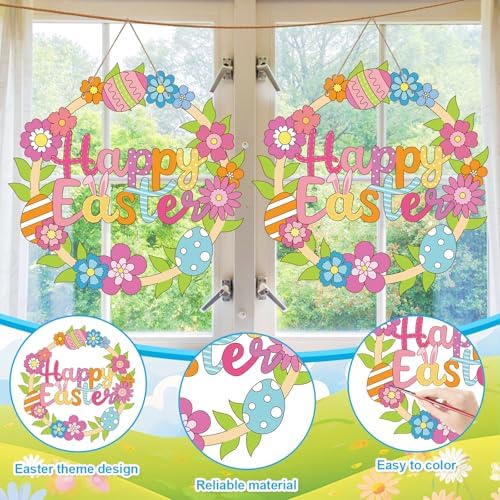 Sereliy 24 Pcs Easter Coloring Wreath Crafts, Color Your Own Easter Crafts, DIY Paper Eggs Wreath for Home Activities Games. (Egg.24PCS)