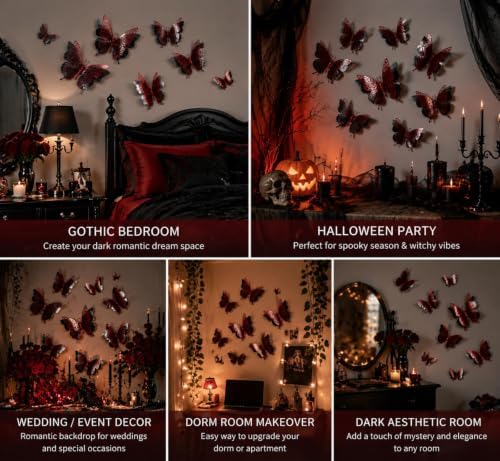 Halloween 3D Butterfly Wall Decor Party Rose Butterfly Sticker Decoration 3.85x4.6 inche Red Black Double Deck Removable Sticker for Birthday Party Backdrop Wedding Photo Booth Decor-6pcs