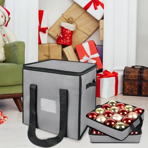 Christmas Ornament Storage Box with Dividers, Holds 64 Balls, Gray