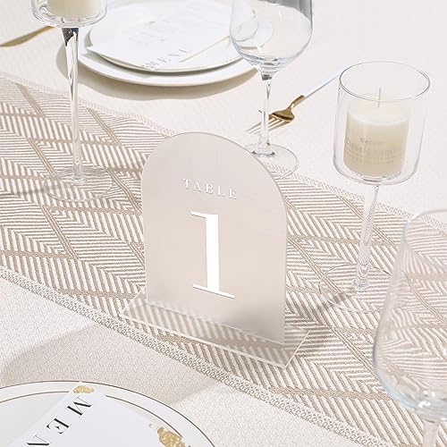 UNIQOOO Frosted Arch Wedding Table Numbers with Stands 1-30, 5x7" Acrylic Display Signs and Holders, Pack of 30, Perfect for Centerpiece, Reception, Decoration, Party, Anniversary, Event