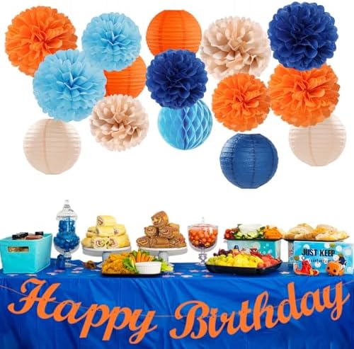 Navy-Blue Orange Champagne Party-Decorations Paper-Flowers - 15pcs Fall Birthday Baby Bridal Shower Tissue Pom Poms Lanterns Streamers Honeycomb, Wedding Bachelorette Hanging Supplies Decor Hugfond