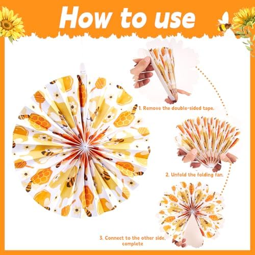 SUNBEAUTY Sunflower Party Decorations Sunflower Birthday Paper Fan Decorations with Bees Yellow White Sun Flower Wall Hanging for Baby Shower Summer Garden Party Classroom Bulletin Board Decoration