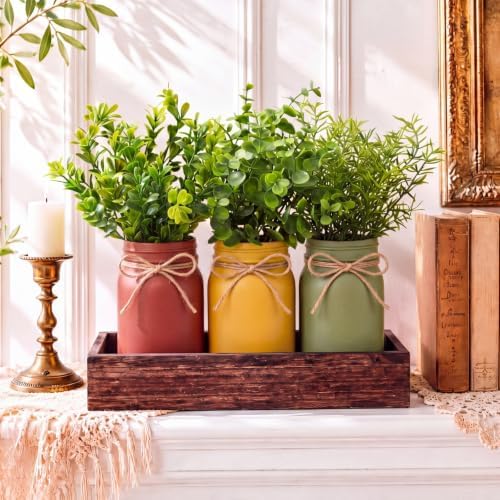 Unittype 3 Pack Boho Mason Jars Centerpiece for Table Farmhouse Wood Tray with 3 Painted Jars and Fake Eucalyptus Plants Rustic Coffee Table Centerpiece for Dining Room Kitchen Living Bathroom