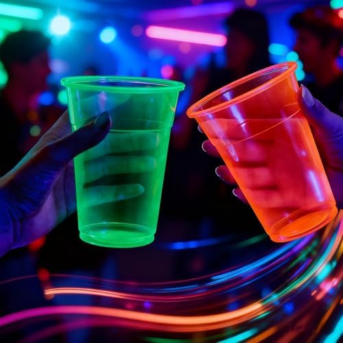 50 PCS 12oz Plastic Cups Neon Glowing Party Decorations Disposable Drinking Cups for Birthday Carnivals Glow Themed Party Supplies(Neon)