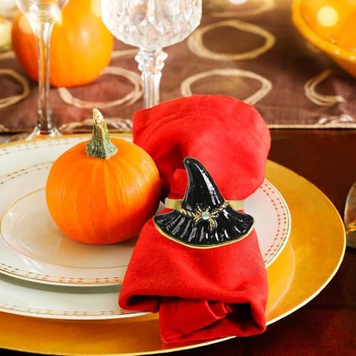 Halloween Napkin Rings Set of 6, Black Hat with Spider Napkin Rings Holders Metal Buckle Serviette for Halloween, Horror Theme Party, Autumn Holiday, Dining Table Decoration