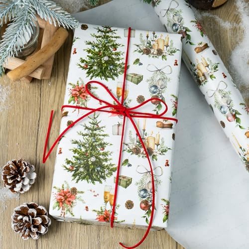 MAYPLUSS Christmas Wrapping Paper Roll - 17 In x 33 Feet - Cute Watercolor Christmas Tree Candle Pinecone Goblet Gift Wrap Paper for New Year, Holiday, Kids