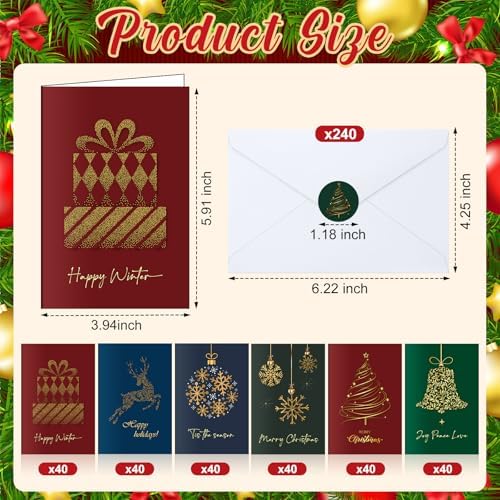 Crtiin 240 Set Christmas Cards 2026 Gold Foil Christmas Greeting Cards Bulk