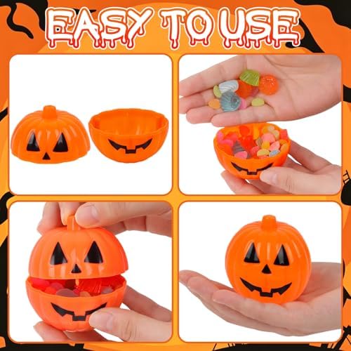 FOIMAS Halloween Pumpkin Candy Box, 12pcs Mini Plastic Pumpkin Containers Fillable Candy Treat Storage Box for Trick or Treat Halloween Party Decoration Storing Packaging Snacks Crafts Accessories