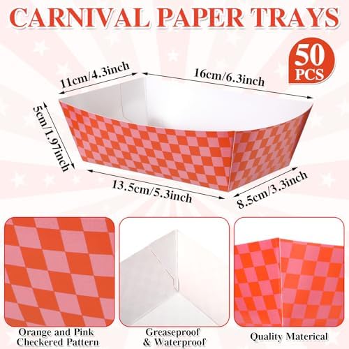 Geosar 100 Pcs Gingham Paper Food Tray with Wax Paper,Orange Pink