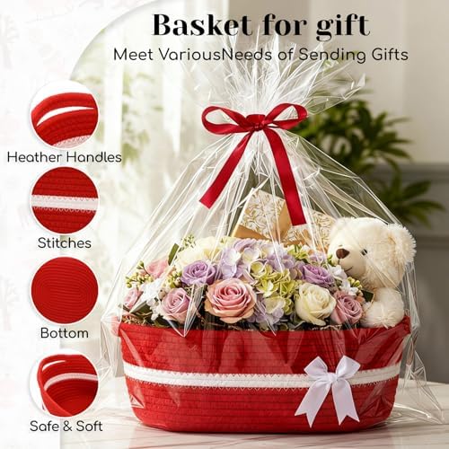Colingmill 2 Pack Small Woven Gift Basket Empty with Wrap, Red and White
