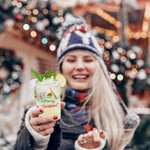 100 Pcs Christmas Party Cups, 12oz Disposable Cups Merry Christmas Disposable Clear Cups Plastic Party Cups for Party Favors Holiday Party Supplies