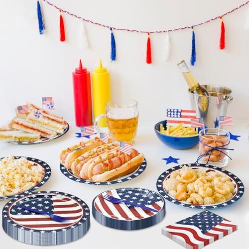 96 Pieces 4th of July Tableware Set – American Flag Disposable Plates, Napkins and Forks, Patriotic Stars and Stripes Party Supplies for Independence Day, Memorial Day and Veterans Day Decorations