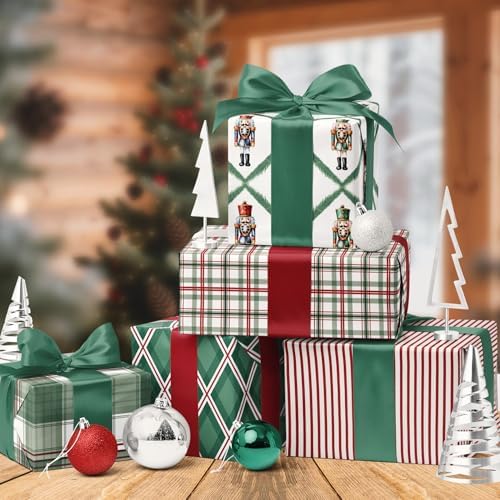 LaRibbons Reversible Plaid Christmas Wrapping Paper Set, Retro Nutcracker