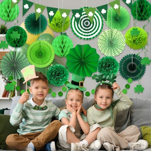 24 Pcs Green Birthday Decorations Kit, Paper Fans Pom Poms Banner 8-16 in