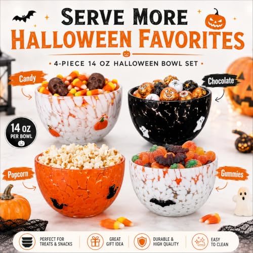 FoldTier 4 Pcs Halloween Snack Bowl, 14oz Pumpkin, Ghost, Bat, Cat Candy Dessert Bowls Double Old Fashioned Serving Bowls Gifts for Halloween Party Favors Table Decoration Supplies