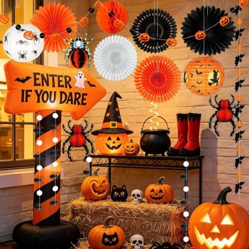 Halloween Party Decorations, Hanging Spider Bat Paper Lanterns Honeycomb Decorations for Home Haunted House Classroom Birthday Party Supplies Props (Orange & Black)