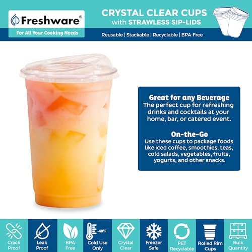 Freshware Clear Plastic Cups with Strawless Sip Lids [100 Cups - 16 oz] Disposable Cup for Iced Coffee, Smoothie, Milkshake, Cold Drinks