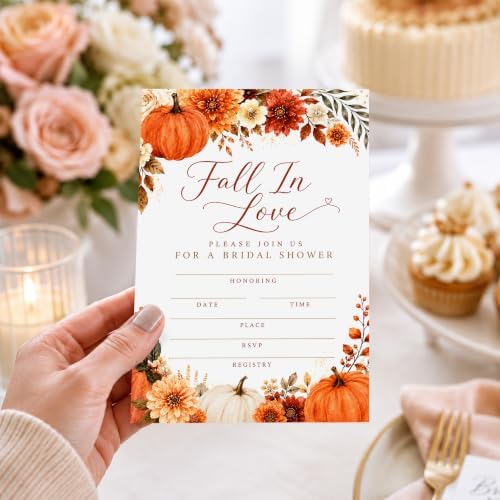 Fall in Love Bridal Shower Invitations, Fill In Style Invites With Envelopes for Fall Wedding Reception, Floral Pumpkin Bridal Shower Invitations, Bride To Be Double-Sided Invite Cards, 4 x 6 Inch Set of 25-A03